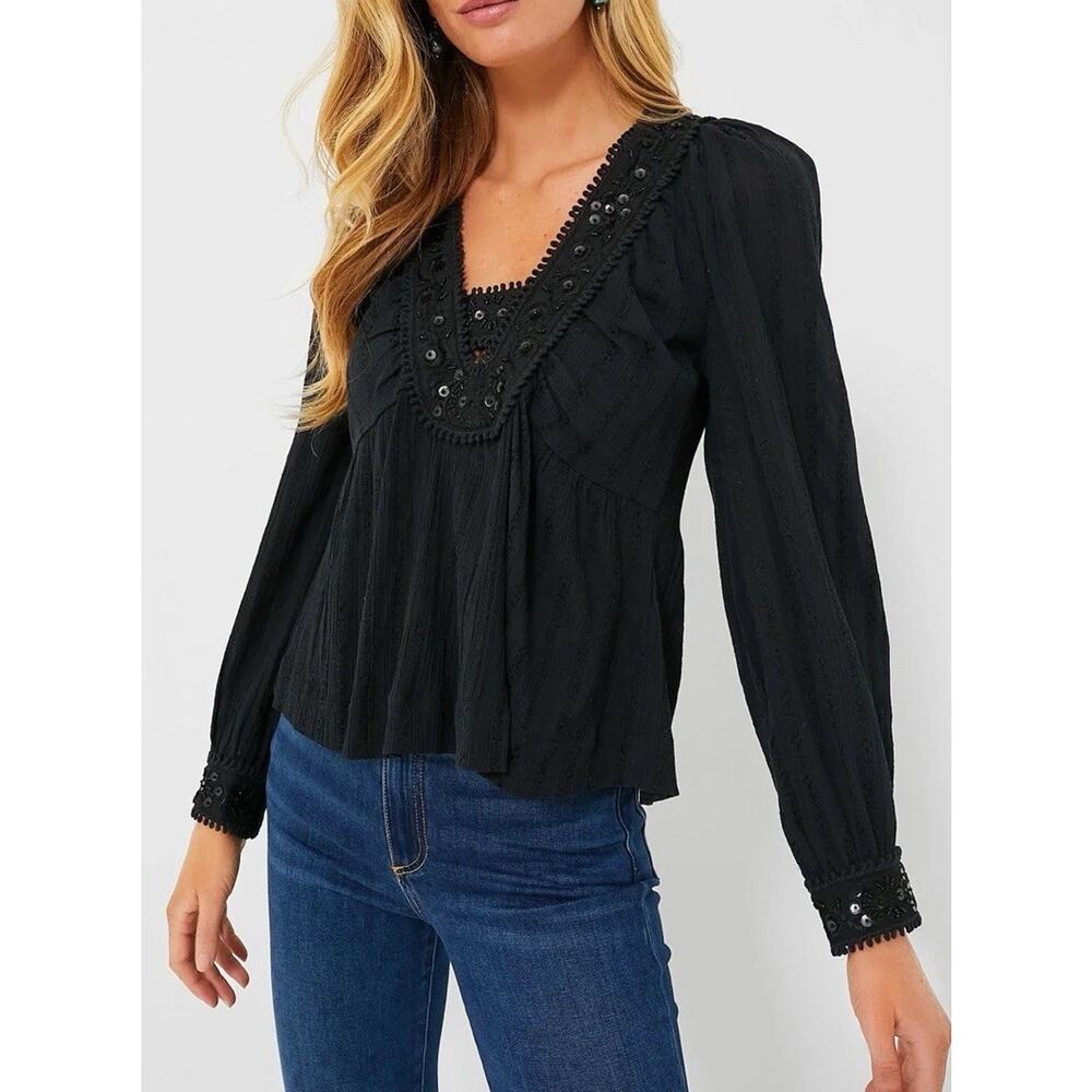 Sea New York Black Charlotte Embroidery Long Sleeve Top Blouse Size XS New